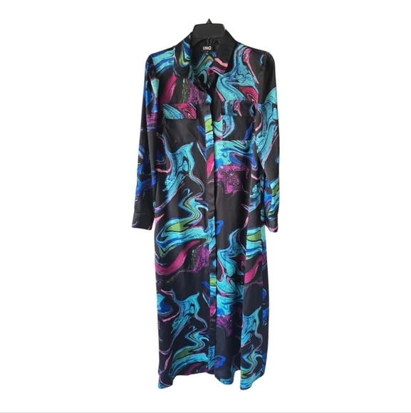 Inc International Satin Shirt Dress XS Women Button Up Pockets Colorful No Belt - Picture 4 of 14